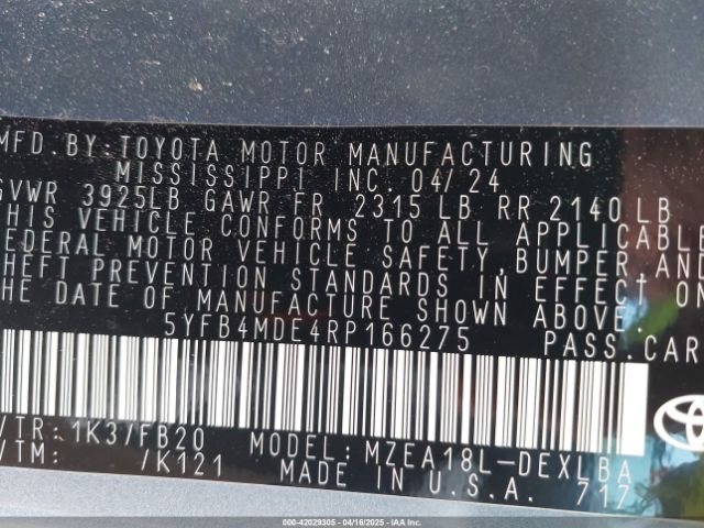 5YFB4MDE4RP166275 Toyota COROLLA LE
