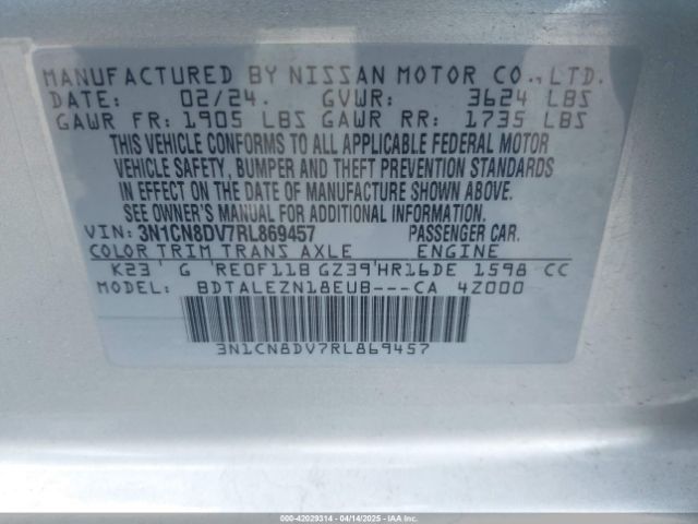 3N1CN8DV7RL869457 Nissan Versa 1.6 S