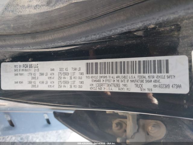 1C6SRFFT3KN776283 RAM 1500 Big Horn/lone Star  4x4 5'7 Box