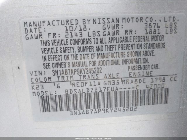 3N1AB7AP9KY245202 Nissan SENTRA SV
