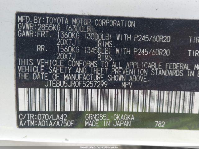 JTEBU5JR0F5257299 Toyota 4runner Limited