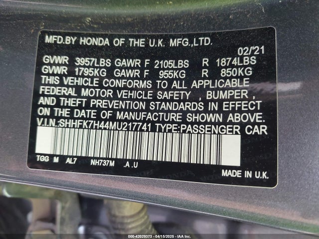 SHHFK7H44MU217741 Honda Civic Sport