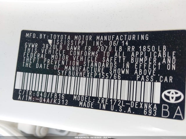 5YFBURHEXEP155766 Toyota COROLLA LE