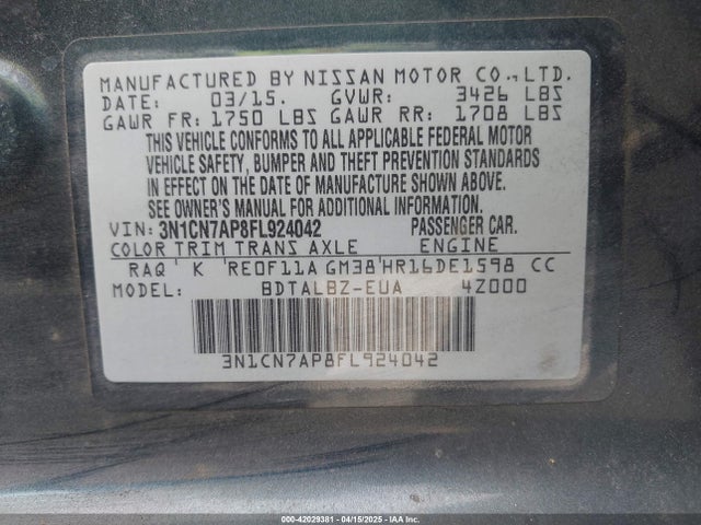 Nissan Versa 1.6 Sv 2015 3N1CN7AP8FL924042 Image 9