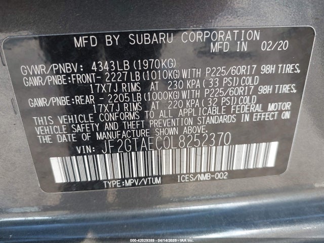 JF2GTAEC0L8252370 Subaru Crosstrek Premium