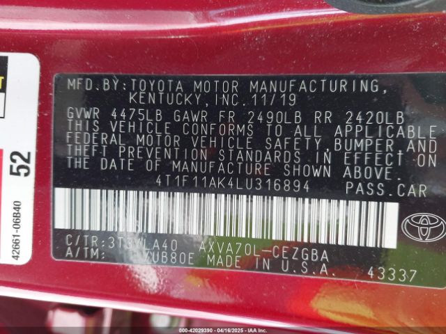 4T1F11AK4LU316894 Toyota CAMRY XLE