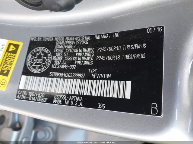 5TDBKRFH2GS289927 Toyota Highlander Le