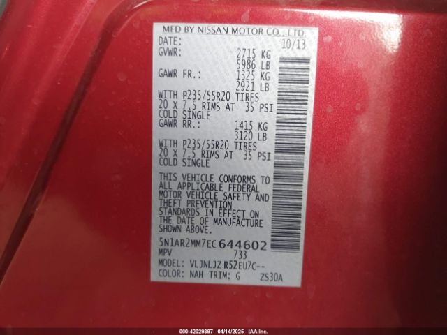 5N1AR2MM7EC644602 Nissan Pathfinder Platinum