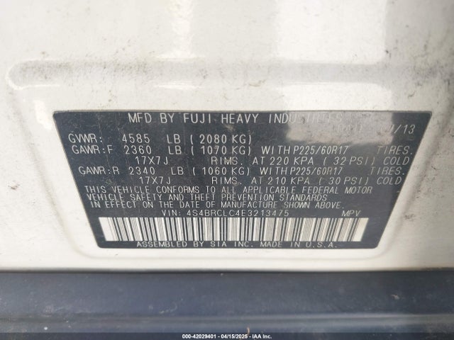 Subaru Outback 2.5i Limited 2014 4S4BRCLC4E3213475 Image 9