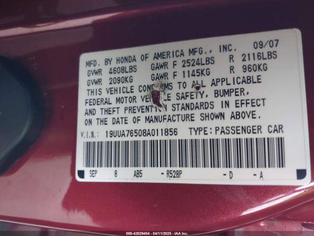2008 ACURA TL 19UUA76508A011856 Photo 8