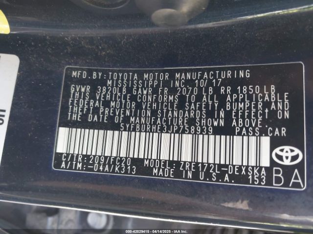 5YFBURHE3JP758939 Toyota COROLLA SE