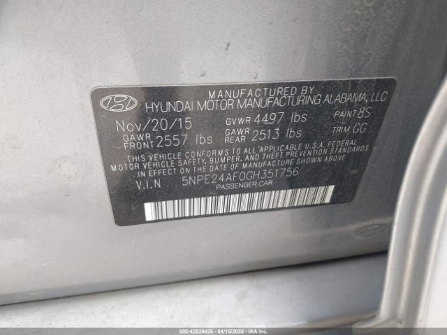 5NPE24AF0GH351756 Hyundai SONATA SE