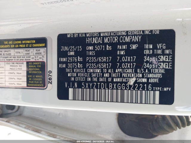5XYZTDLBXGG322216 Hyundai Santa Fe Sport 2.4l