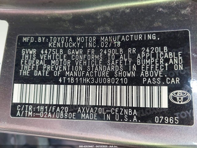 4T1B11HK3JU080210 Toyota CAMRY LE