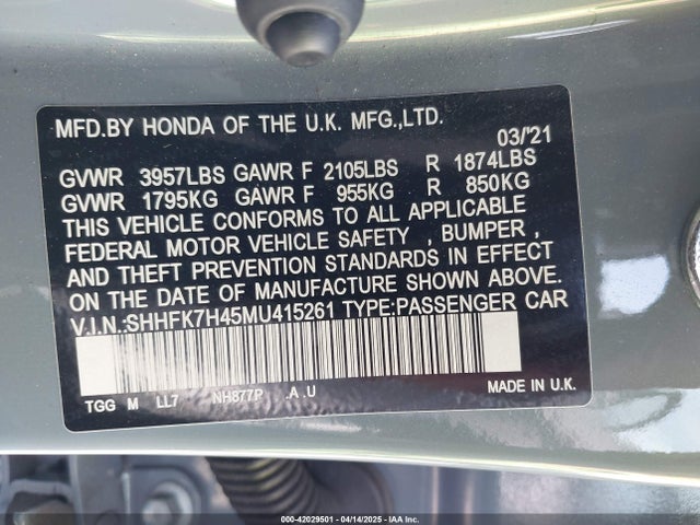 SHHFK7H45MU415261 Honda Civic Sport