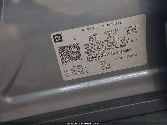 1GNERGKW2KJ134096 Chevrolet Traverse 1lt