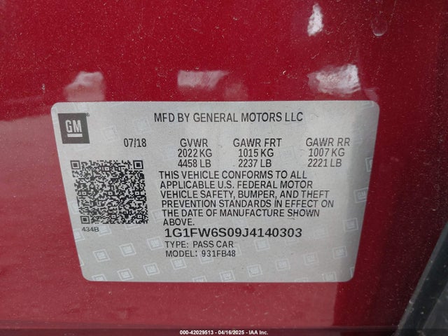 1G1FW6S09J4140303 Chevrolet BOLT EV LT