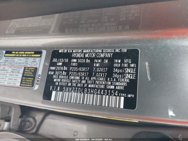 5XYZTDLB3HG443154 Hyundai Santa Fe Sport 2.4l