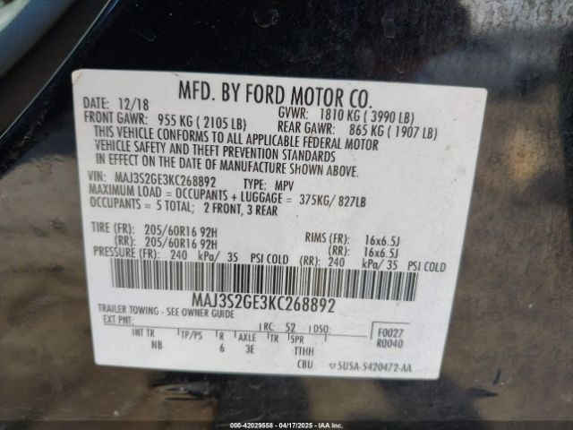MAJ3S2GE3KC268892 Ford Ecosport Se