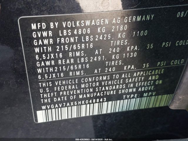 WVGAV7AX5HK048843 Volkswagen Tiguan 2.0t/2.0t S