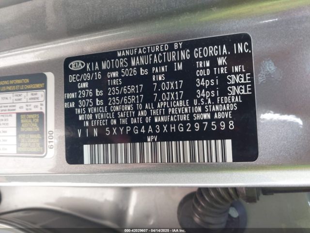 5XYPG4A3XHG297598 KIA Sorento 2.4l Lx