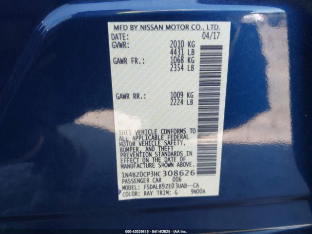 1N4BZ0CP3HC308626 Nissan LEAF S