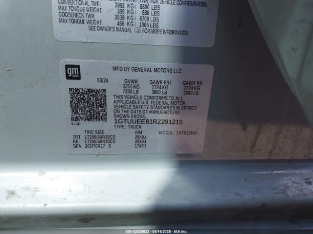 1GTUUEE81RZ291215 GMC Sierra 1500 4wd  Short Box At4