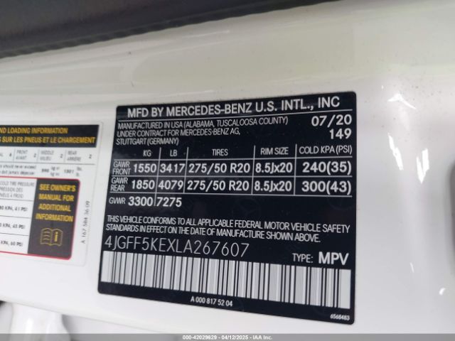 4JGFF5KEXLA267607 Mercedes-Benz Gls 450 4matic