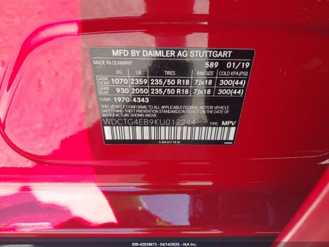WDCTG4EB9KU012244 Mercedes-Benz GLA 250