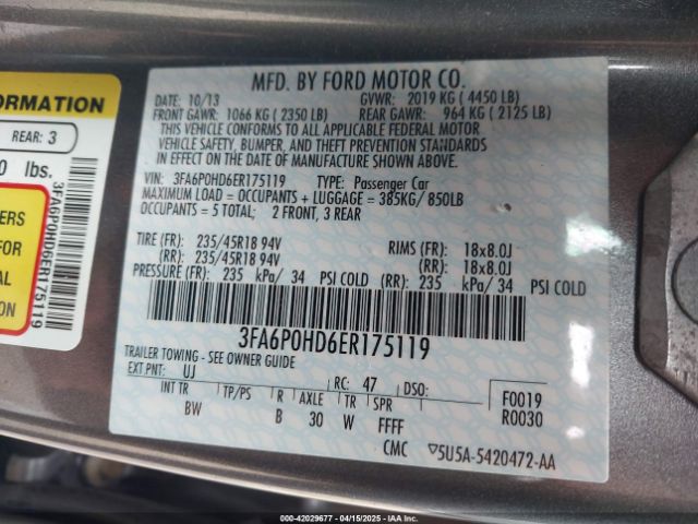 3FA6P0HD6ER175119 Ford FUSION SE