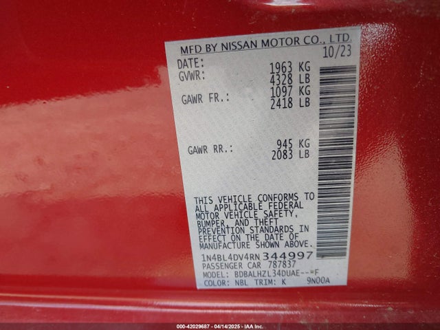 1N4BL4DV4RN344997 Nissan Altima Sv Fwd
