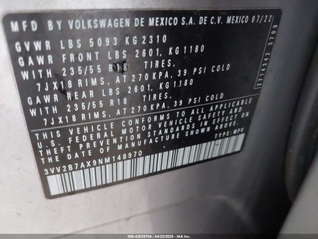 3VV2B7AX9NM148970 Volkswagen Tiguan 2.0t Se