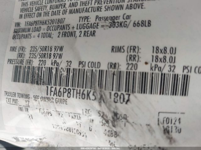 2019 FORD MUSTANG 1FA6P8TH6K5201807 Photo 8
