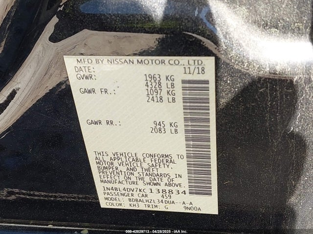 1N4BL4DV7KC138834 Nissan Altima 2.5 Sv