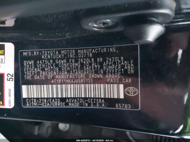 4T1B11HK4JU585155 Toyota CAMRY SE