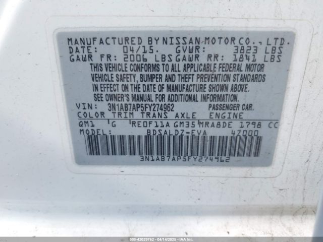 3N1AB7AP5FY274962 Nissan Sentra Fe+ S/s/sl/sr/sv