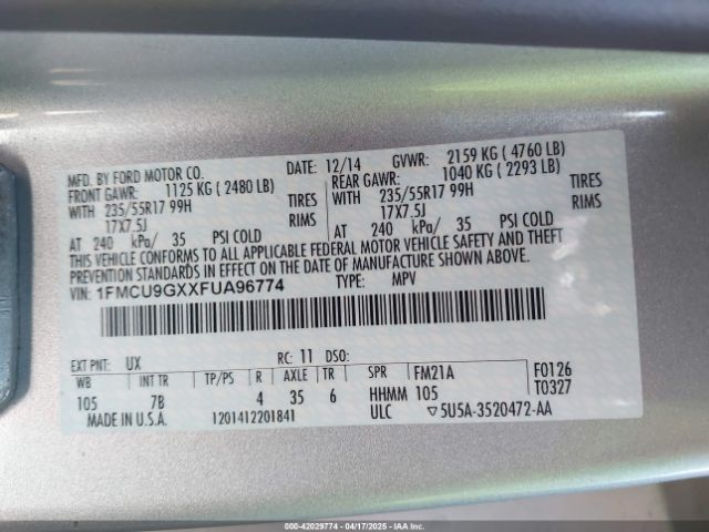 1FMCU9GXXFUA96774 Ford ESCAPE SE