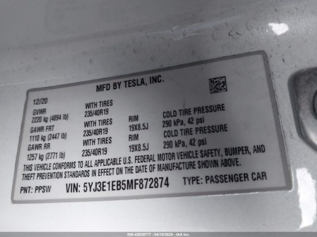 2021 TESLA MODEL 3 5YJ3E1EB5MF872874 Photo 8