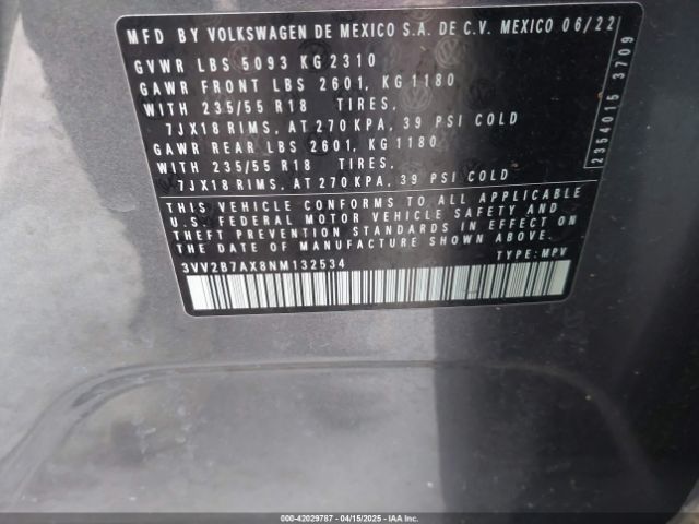 3VV2B7AX8NM132534 Volkswagen Tiguan 2.0t Se