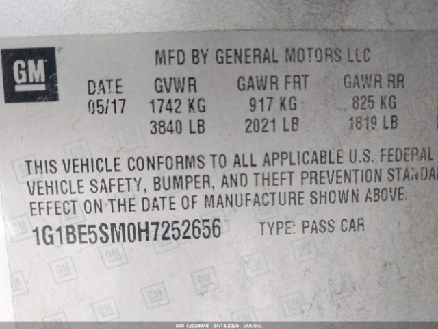 1G1BE5SM0H7252656 Chevrolet Cruze Lt Auto