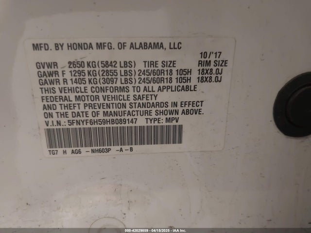 5FNYF6H59HB089147 Honda Pilot Ex-l
