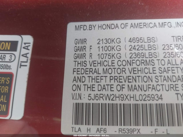 5J6RW2H9XHL025934 Honda Cr-v Touring