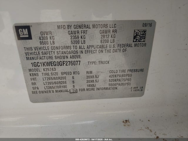 1GC1KWEG0GF276077 Chevrolet Silverado 2500hd Ltz