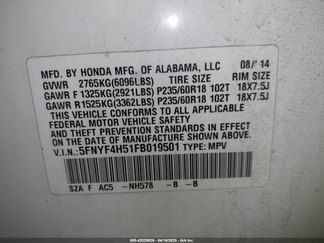 5FNYF4H51FB019501 Honda Pilot Ex-l