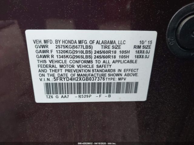 5FRYD4H2XGB037376 Acura Mdx Acurawatch Plus Package
