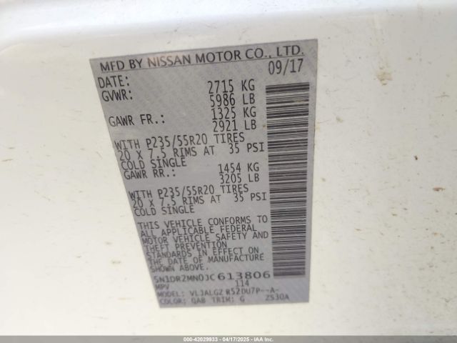 5N1DR2MN0JC613806 Nissan Pathfinder Sl
