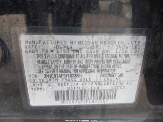 3N1CN7AP3FL823362 Nissan Versa 1.6 Sv