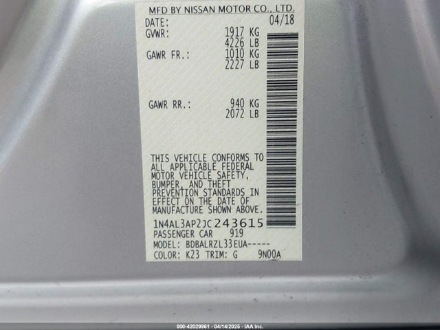 1N4AL3AP2JC243615 Nissan Altima 2.5 Sl