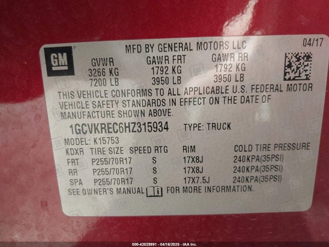 1GCVKREC6HZ315934 Chevrolet Silverado 1500 1lt