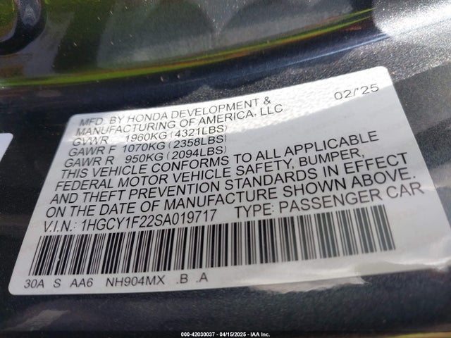 1HGCY1F22SA019717 Honda l15be